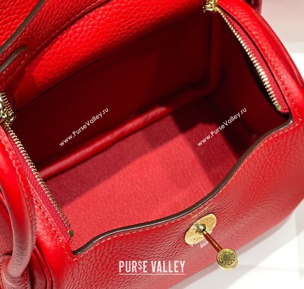 Hermes Lindy Mini Bag 19cm in Litchee-Grainy Togo Calfskin Leather Rouge Red 2025 (FL-251008032)