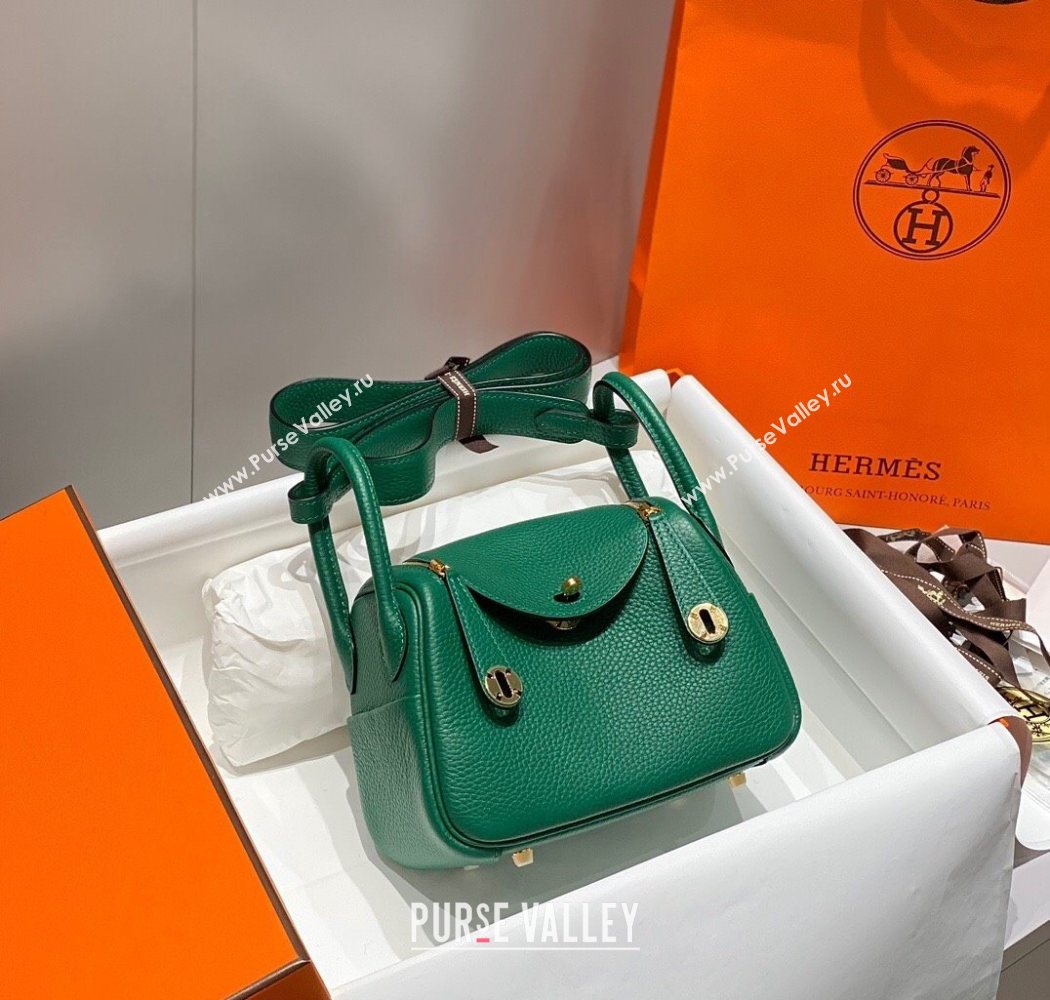 Hermes Lindy Mini Bag 19cm in Litchee-Grainy Togo Calfskin Leather Emerald Green 2025 (FL-251008033)