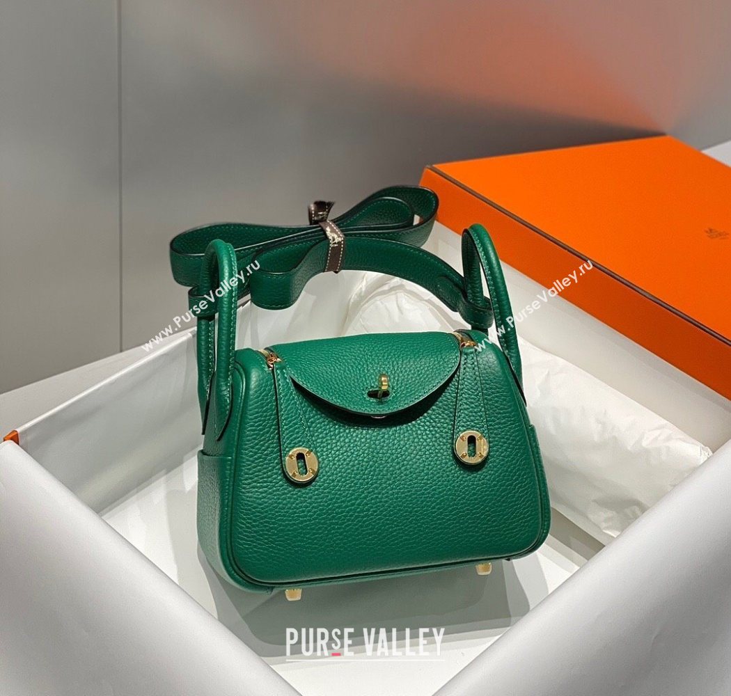 Hermes Lindy Mini Bag 19cm in Litchee-Grainy Togo Calfskin Leather Emerald Green 2025 (FL-251008033)