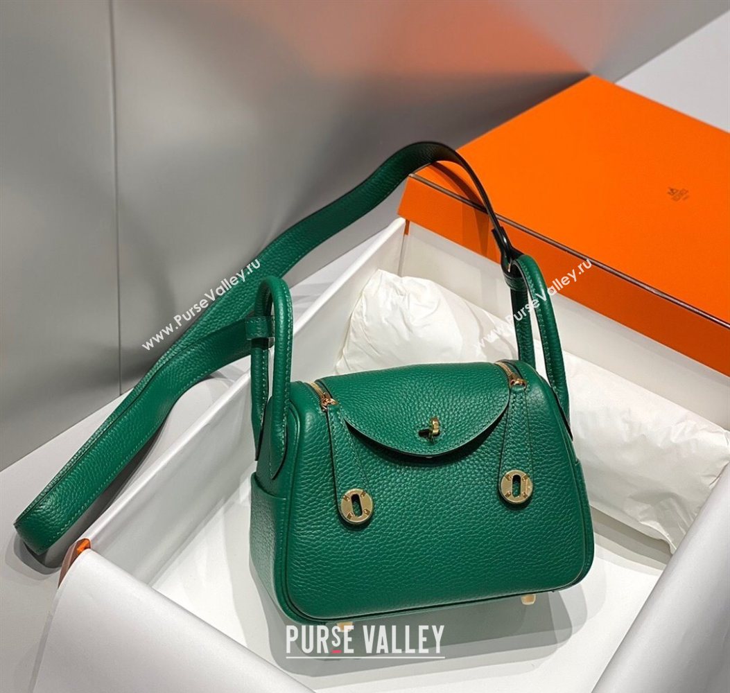 Hermes Lindy Mini Bag 19cm in Litchee-Grainy Togo Calfskin Leather Emerald Green 2025 (FL-251008033)