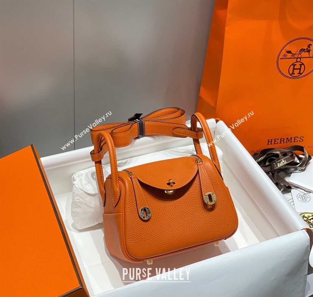 Hermes Lindy Mini Bag 19cm in Litchee-Grainy Togo Calfskin Leather Orange 2025 (FL-251008036)