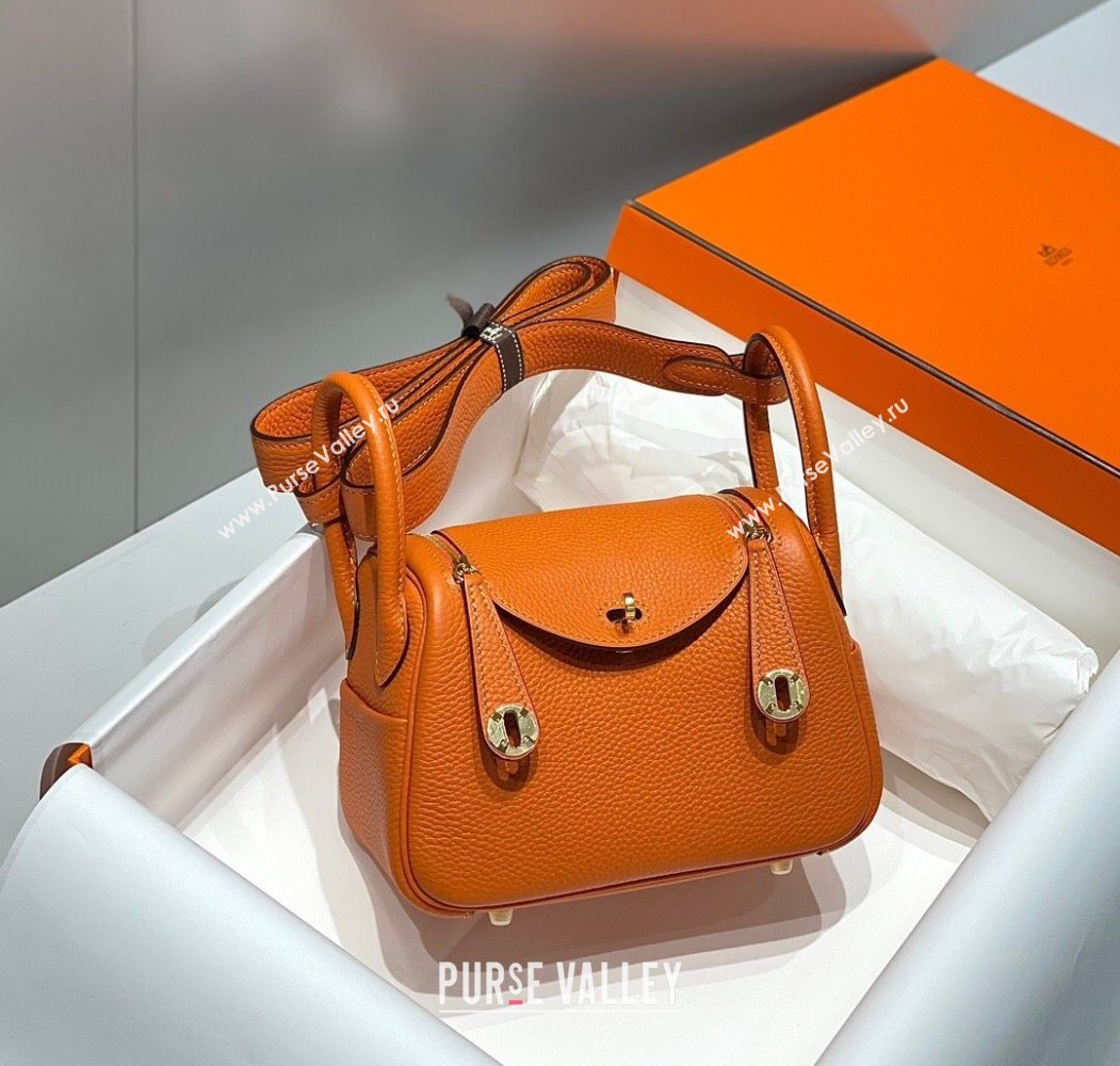 Hermes Lindy Mini Bag 19cm in Litchee-Grainy Togo Calfskin Leather Orange 2025 (FL-251008036)