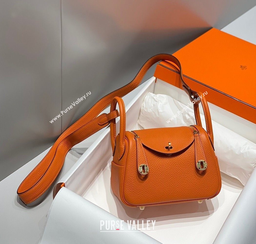 Hermes Lindy Mini Bag 19cm in Litchee-Grainy Togo Calfskin Leather Orange 2025 (FL-251008036)