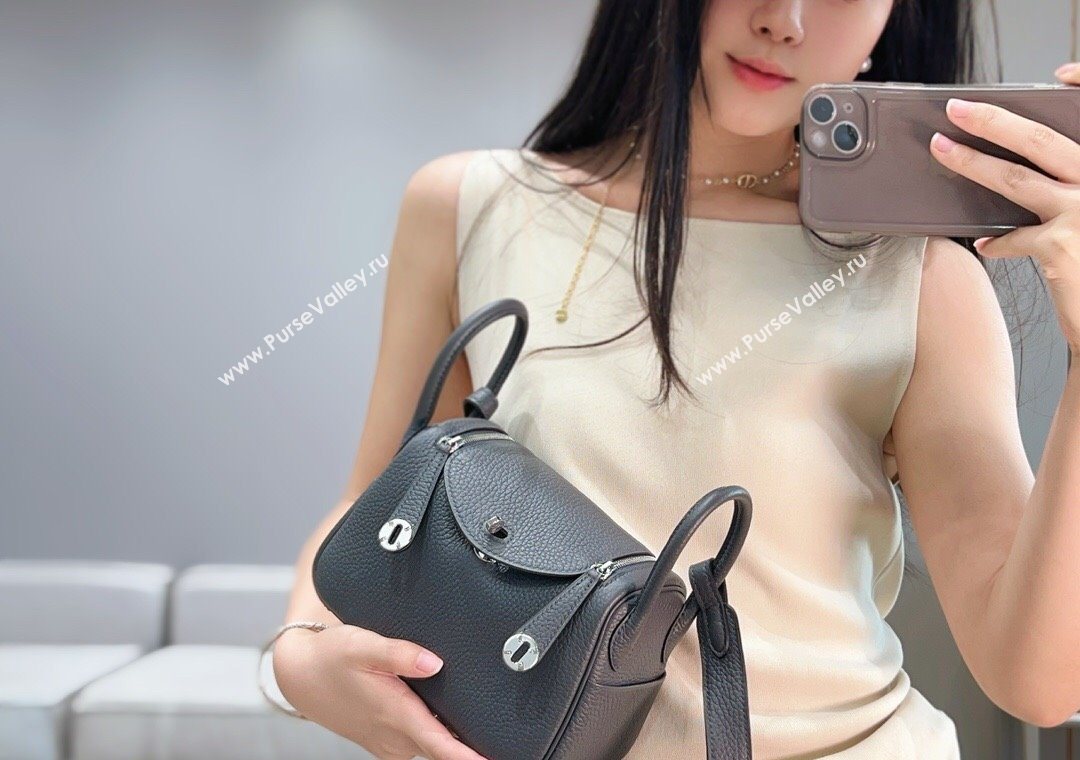 Hermes Lindy Mini Bag 19cm in Litchee-Grainy Clemence Calfskin Leather Graphite Grey/Silver 2025 (FL-251008019)