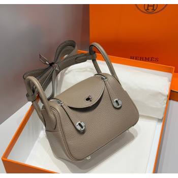 Hermes Lindy Mini Bag 19cm in Litchee-Grainy Clemence Calfskin Leather Asphalt Grey/Silver 2025 (FL-251008022)