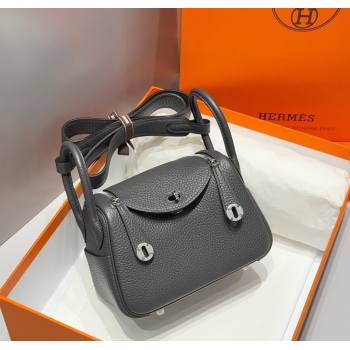 Hermes Lindy Mini Bag 19cm in Litchee-Grainy Clemence Calfskin Leather Graphite Grey/Silver 2025 (FL-251008019)