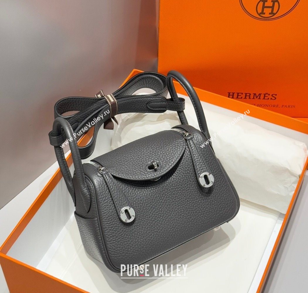 Hermes Lindy Mini Bag 19cm in Litchee-Grainy Clemence Calfskin Leather Graphite Grey/Silver 2025 (FL-251008019)