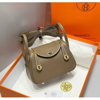 Hermes Lindy Mini Bag 19cm in Litchee-Grainy Clemence Calfskin Leather Elephant Grey/Gold 2025 (FL-251008023)