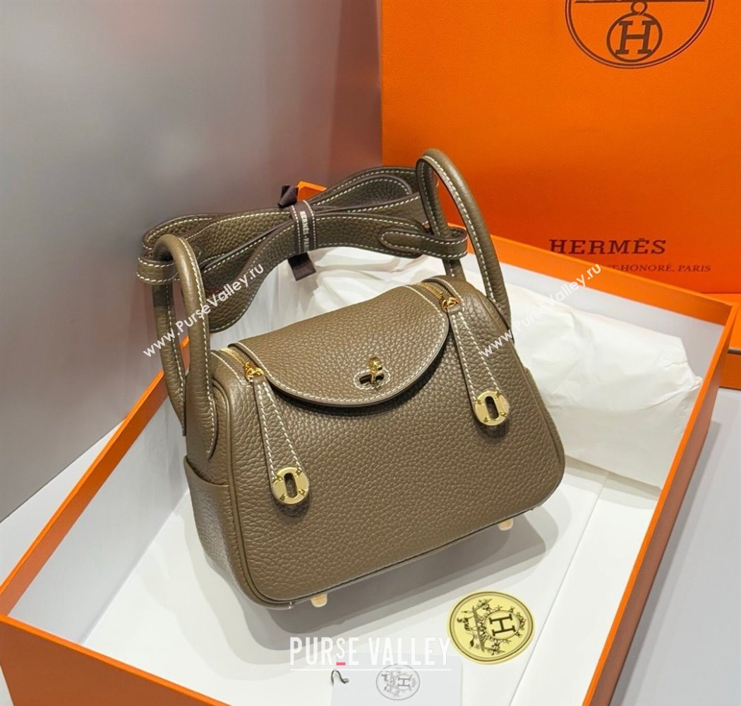 Hermes Lindy Mini Bag 19cm in Litchee-Grainy Clemence Calfskin Leather Elephant Grey/Gold 2025 (FL-251008023)