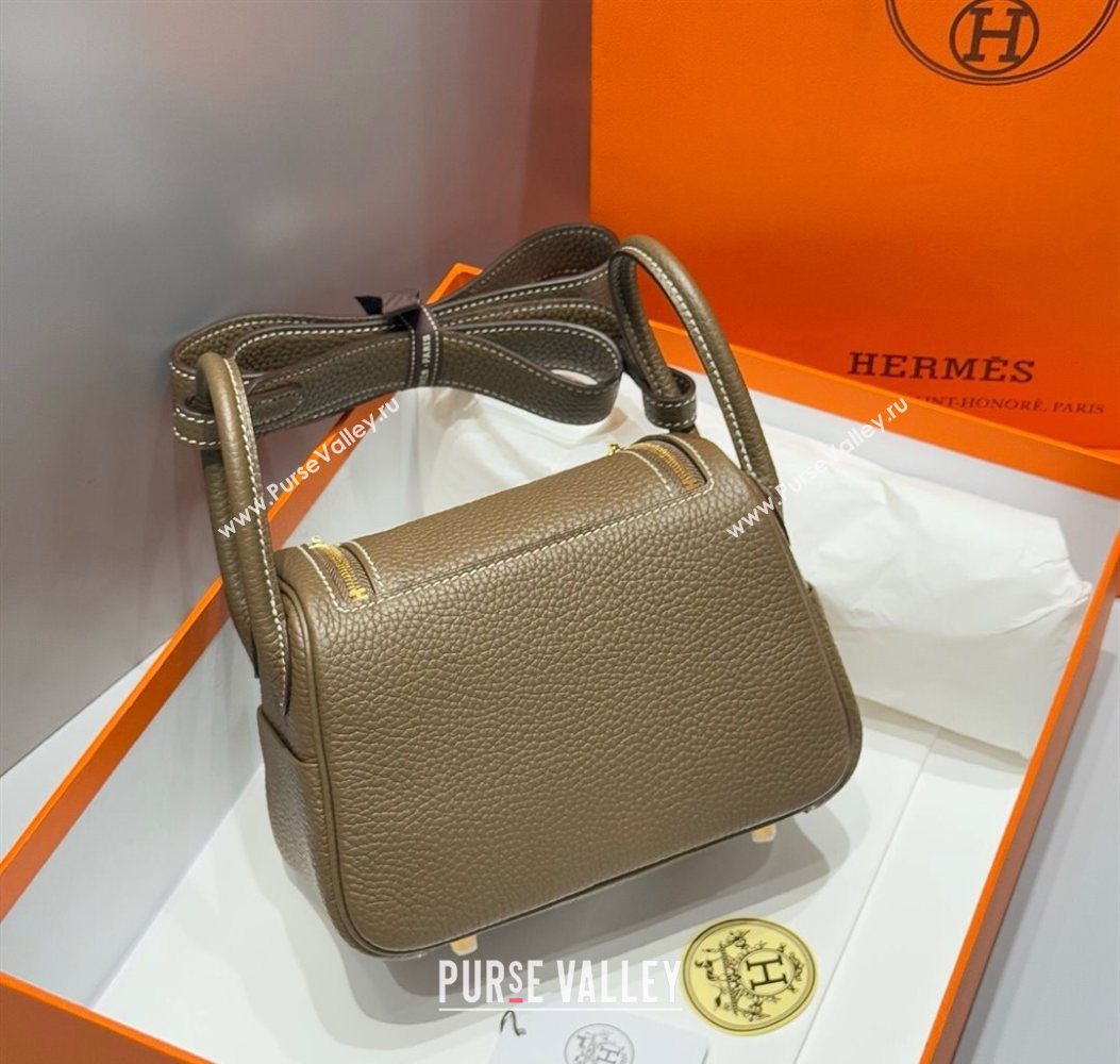 Hermes Lindy Mini Bag 19cm in Litchee-Grainy Clemence Calfskin Leather Elephant Grey/Gold 2025 (FL-251008023)