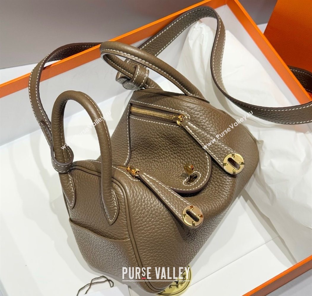 Hermes Lindy Mini Bag 19cm in Litchee-Grainy Clemence Calfskin Leather Elephant Grey/Gold 2025 (FL-251008023)