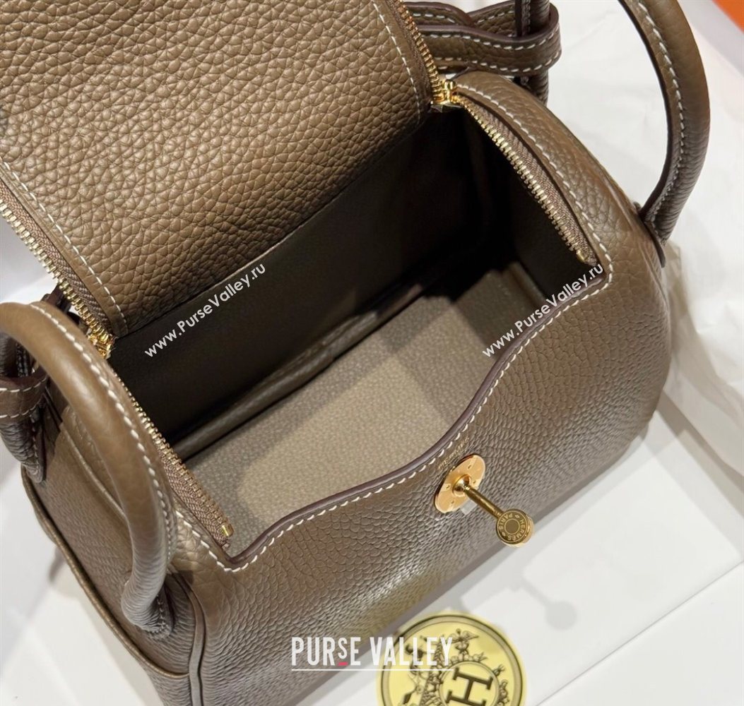 Hermes Lindy Mini Bag 19cm in Litchee-Grainy Clemence Calfskin Leather Elephant Grey/Gold 2025 (FL-251008023)