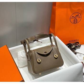 Hermes Lindy Mini Bag 19cm in Litchee-Grainy Togo Calfskin Leather Elephant Grey/Gold 2025 (FL-251008024)