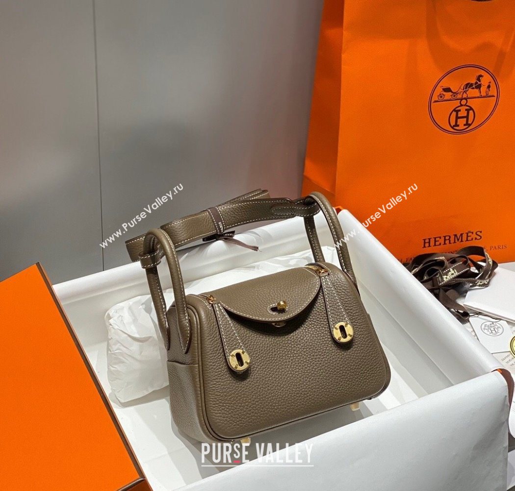 Hermes Lindy Mini Bag 19cm in Litchee-Grainy Togo Calfskin Leather Elephant Grey/Gold 2025 (FL-251008024)