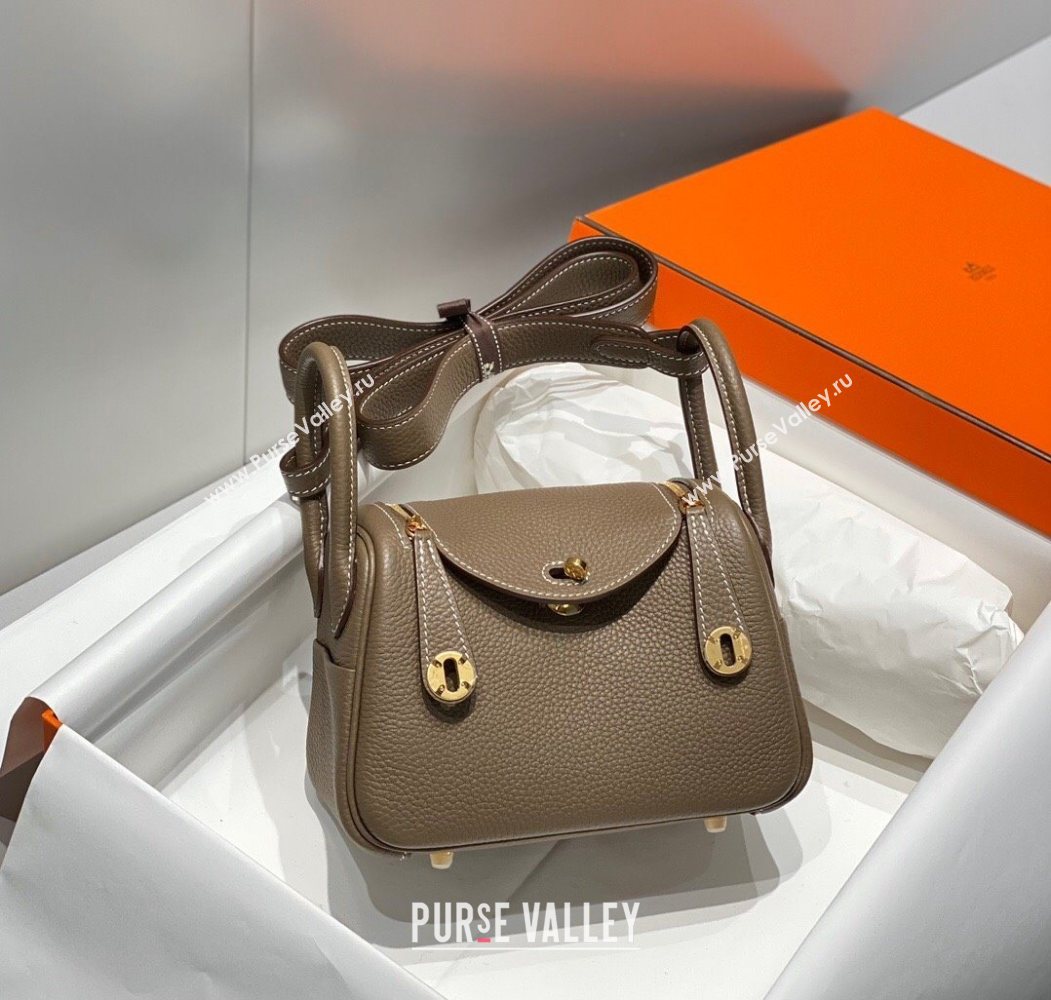 Hermes Lindy Mini Bag 19cm in Litchee-Grainy Togo Calfskin Leather Elephant Grey/Gold 2025 (FL-251008024)