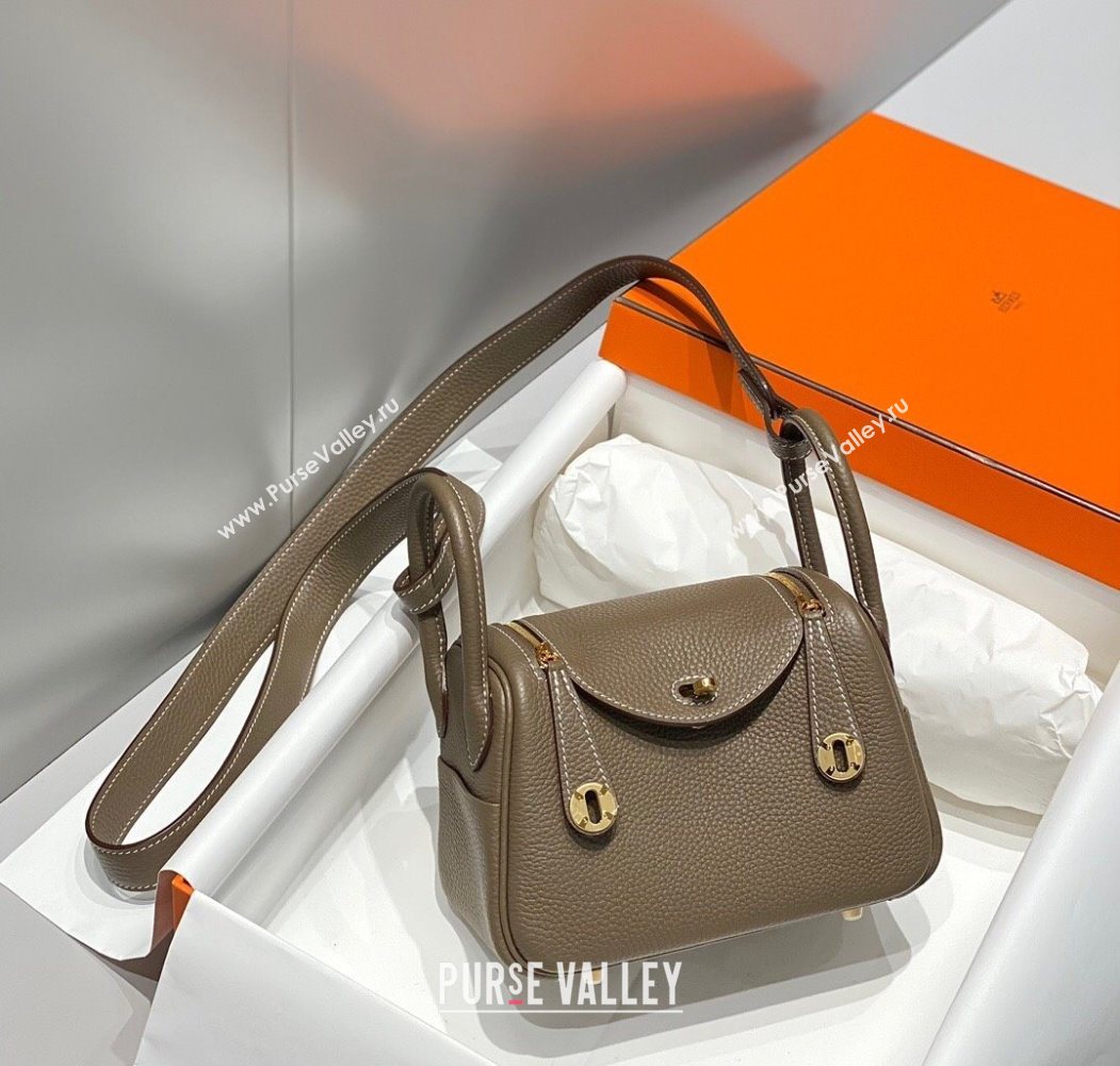 Hermes Lindy Mini Bag 19cm in Litchee-Grainy Togo Calfskin Leather Elephant Grey/Gold 2025 (FL-251008024)