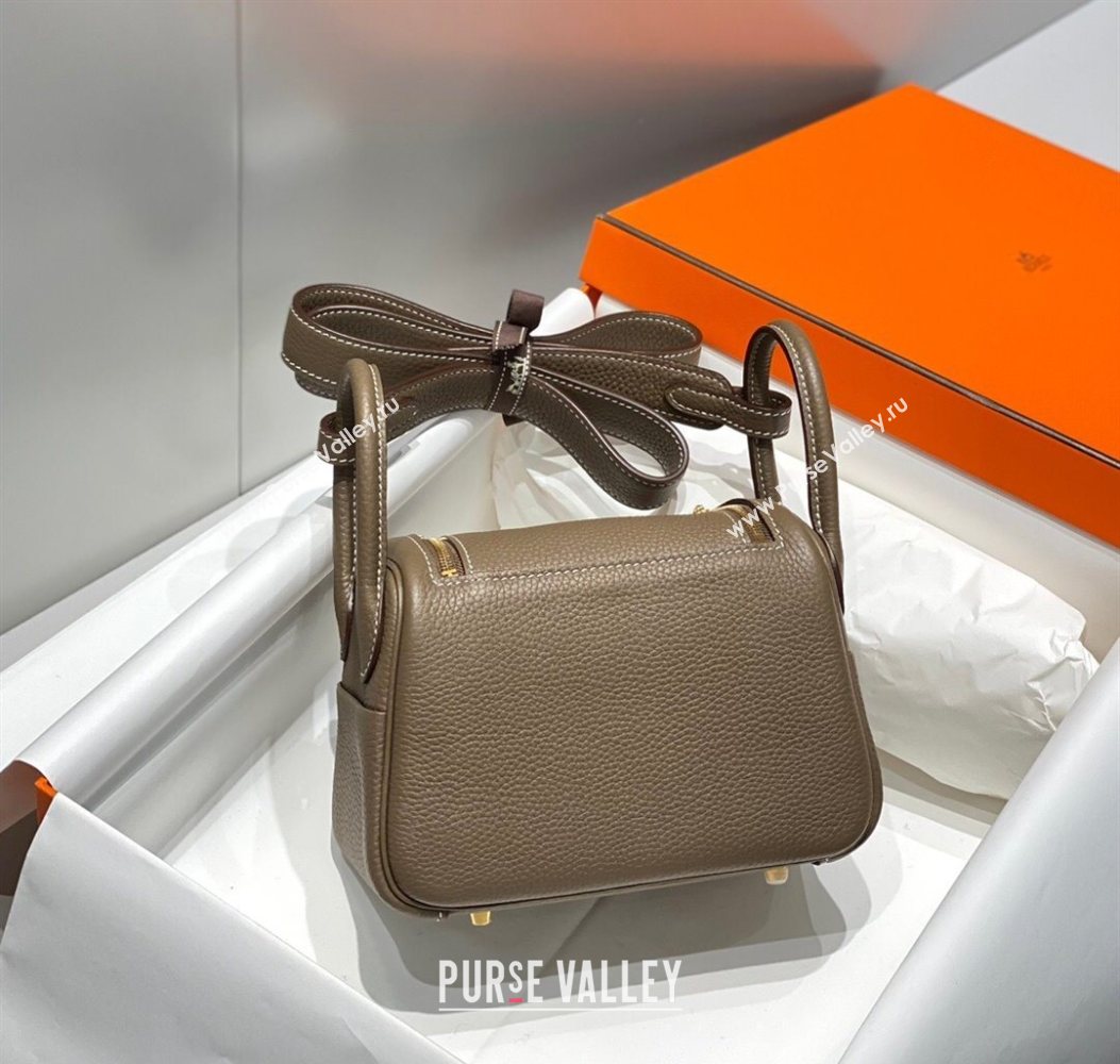 Hermes Lindy Mini Bag 19cm in Litchee-Grainy Togo Calfskin Leather Elephant Grey/Gold 2025 (FL-251008024)