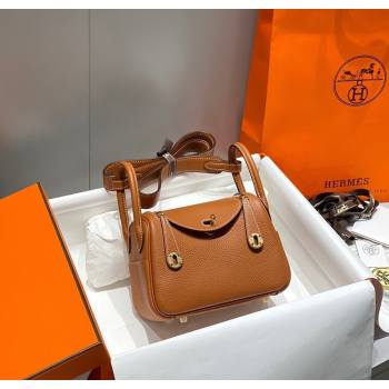 Hermes Lindy Mini Bag 19cm in Litchee-Grainy Togo Calfskin Leather Golden Brown 2025 (FL-251008025)