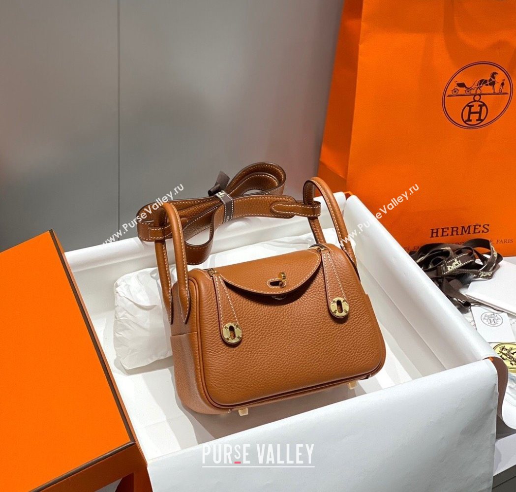 Hermes Lindy Mini Bag 19cm in Litchee-Grainy Togo Calfskin Leather Golden Brown 2025 (FL-251008025)