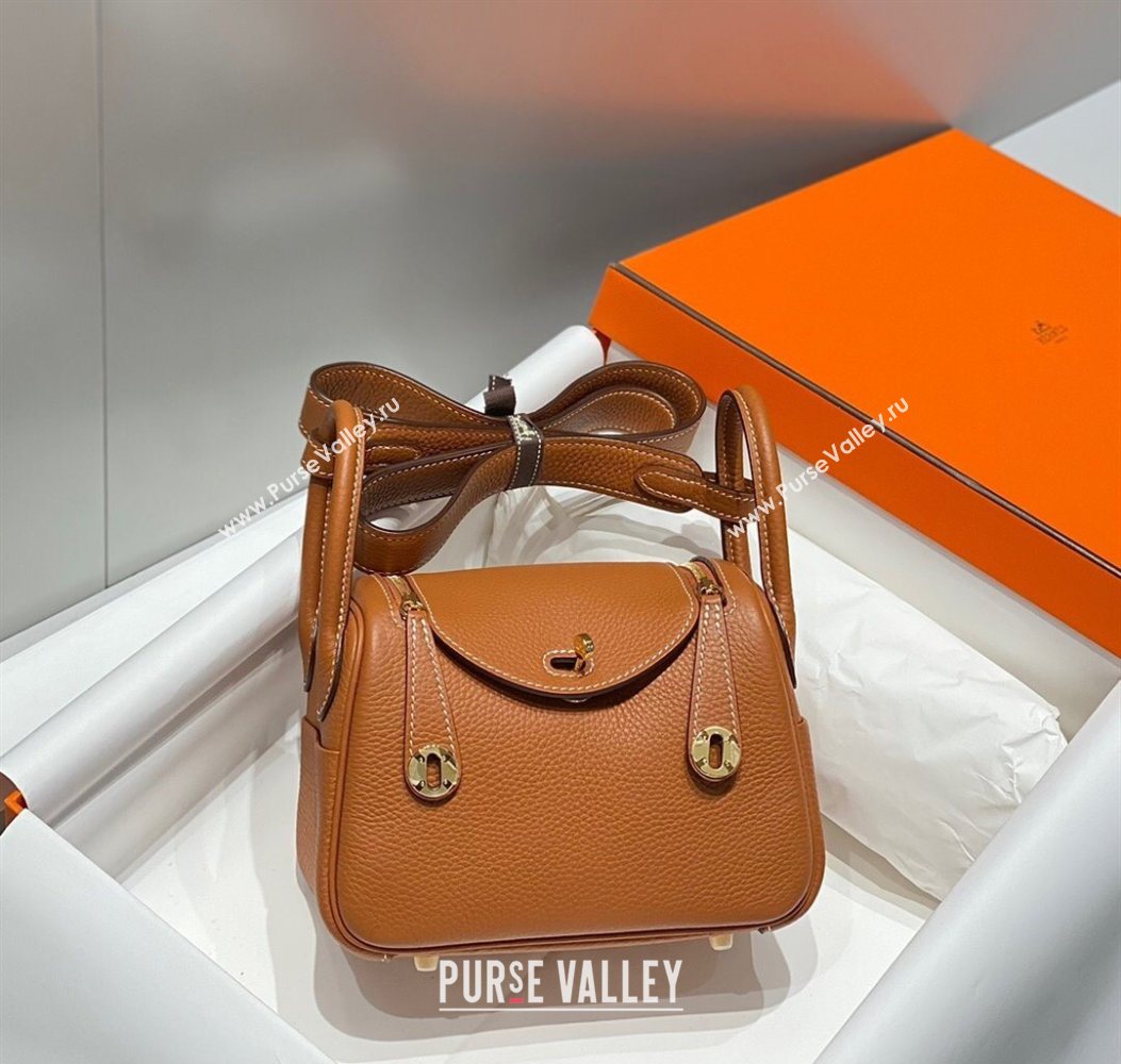 Hermes Lindy Mini Bag 19cm in Litchee-Grainy Togo Calfskin Leather Golden Brown 2025 (FL-251008025)