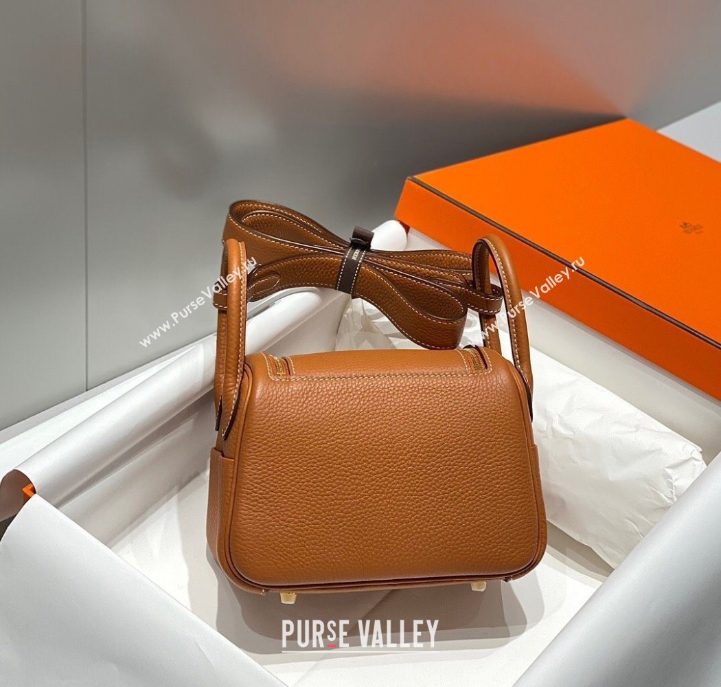 Hermes Lindy Mini Bag 19cm in Litchee-Grainy Togo Calfskin Leather Golden Brown 2025 (FL-251008025)
