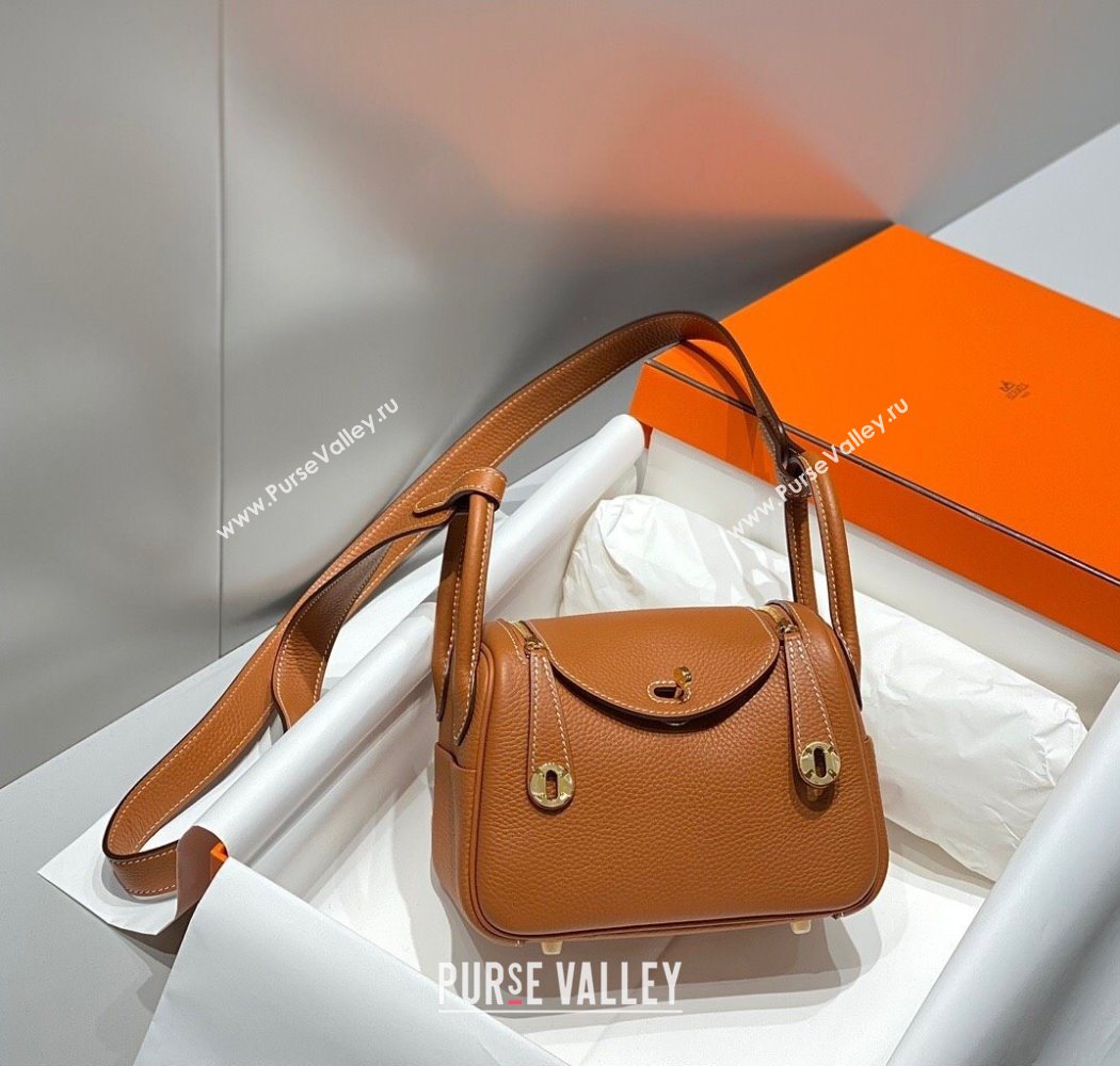 Hermes Lindy Mini Bag 19cm in Litchee-Grainy Togo Calfskin Leather Golden Brown 2025 (FL-251008025)