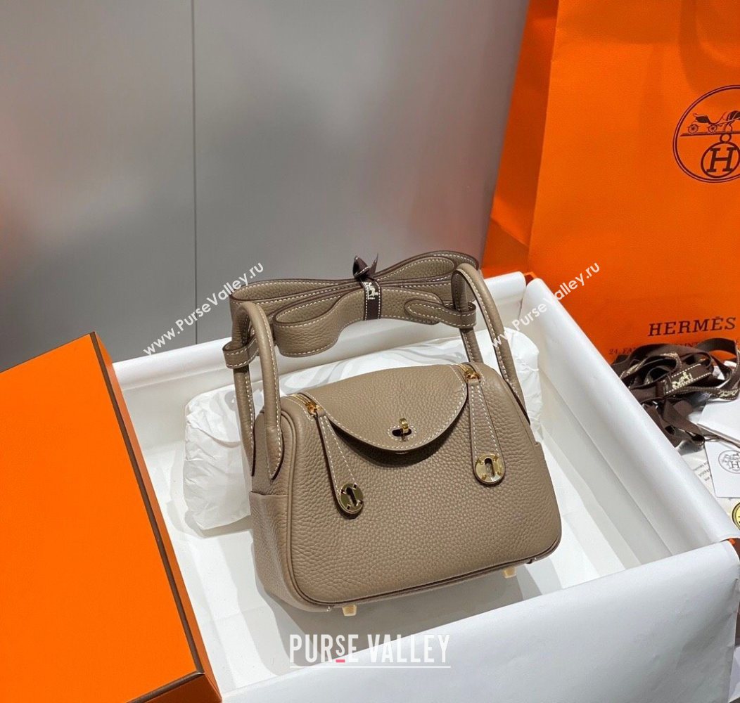 Hermes Lindy Mini Bag 19cm in Litchee-Grainy Togo Calfskin Leather Dove Grey/Gold 2025 (FL-251008026)