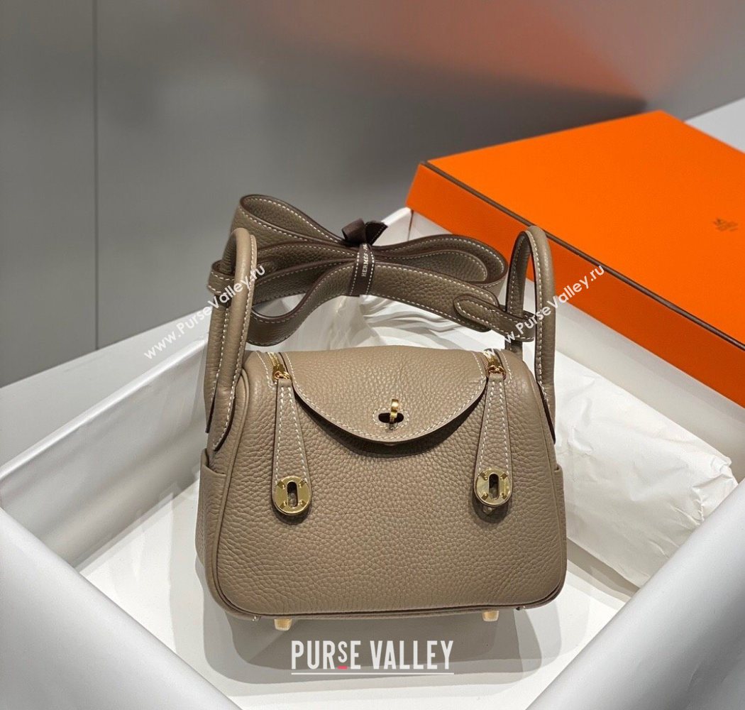 Hermes Lindy Mini Bag 19cm in Litchee-Grainy Togo Calfskin Leather Dove Grey/Gold 2025 (FL-251008026)