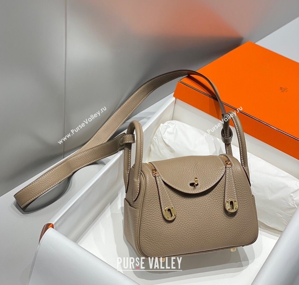 Hermes Lindy Mini Bag 19cm in Litchee-Grainy Togo Calfskin Leather Dove Grey/Gold 2025 (FL-251008026)