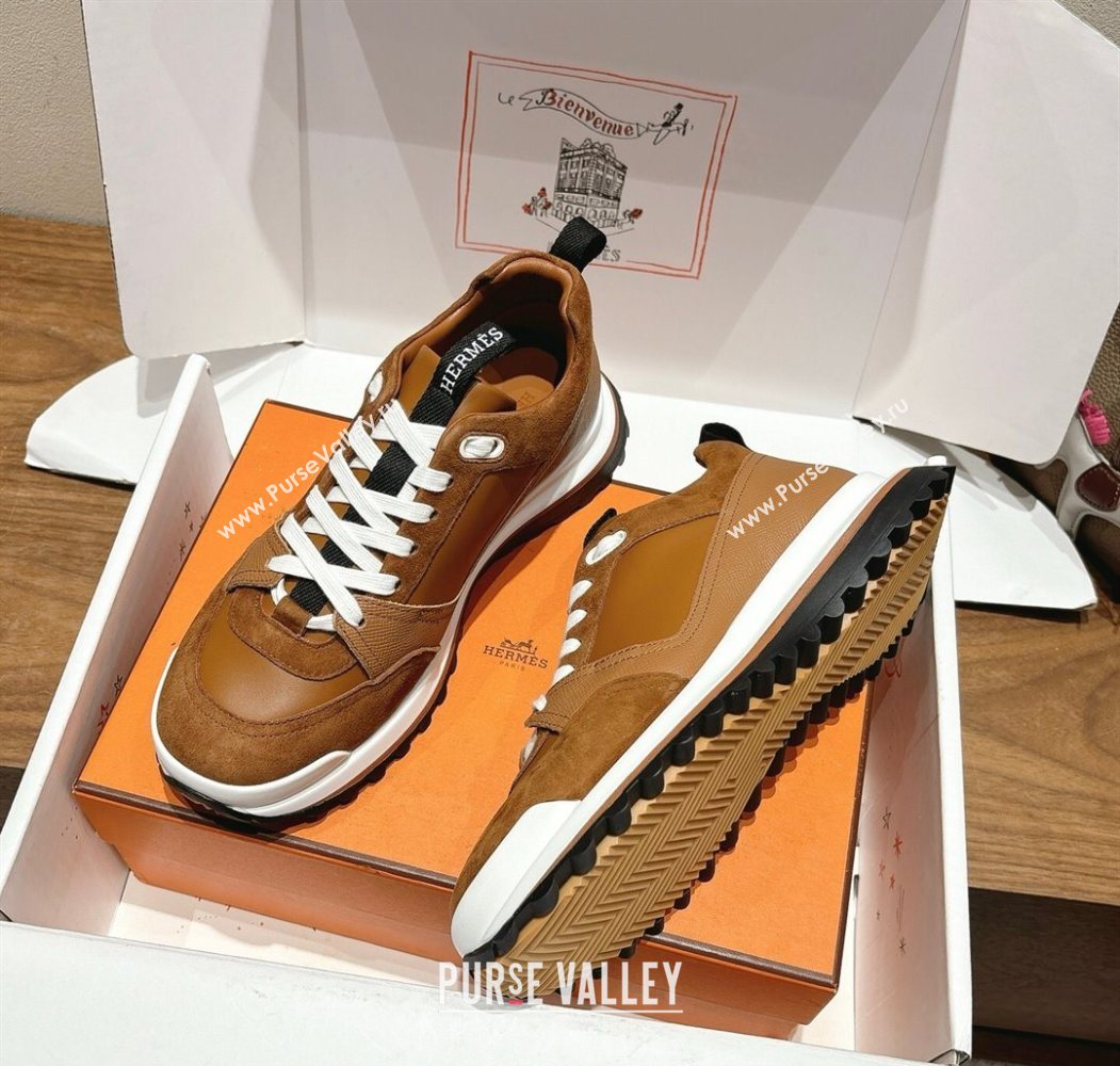 Hermes Leader Sneakers in Suede and Calfskin Leather Tan Brown 2025 1023 (XC-251023037)