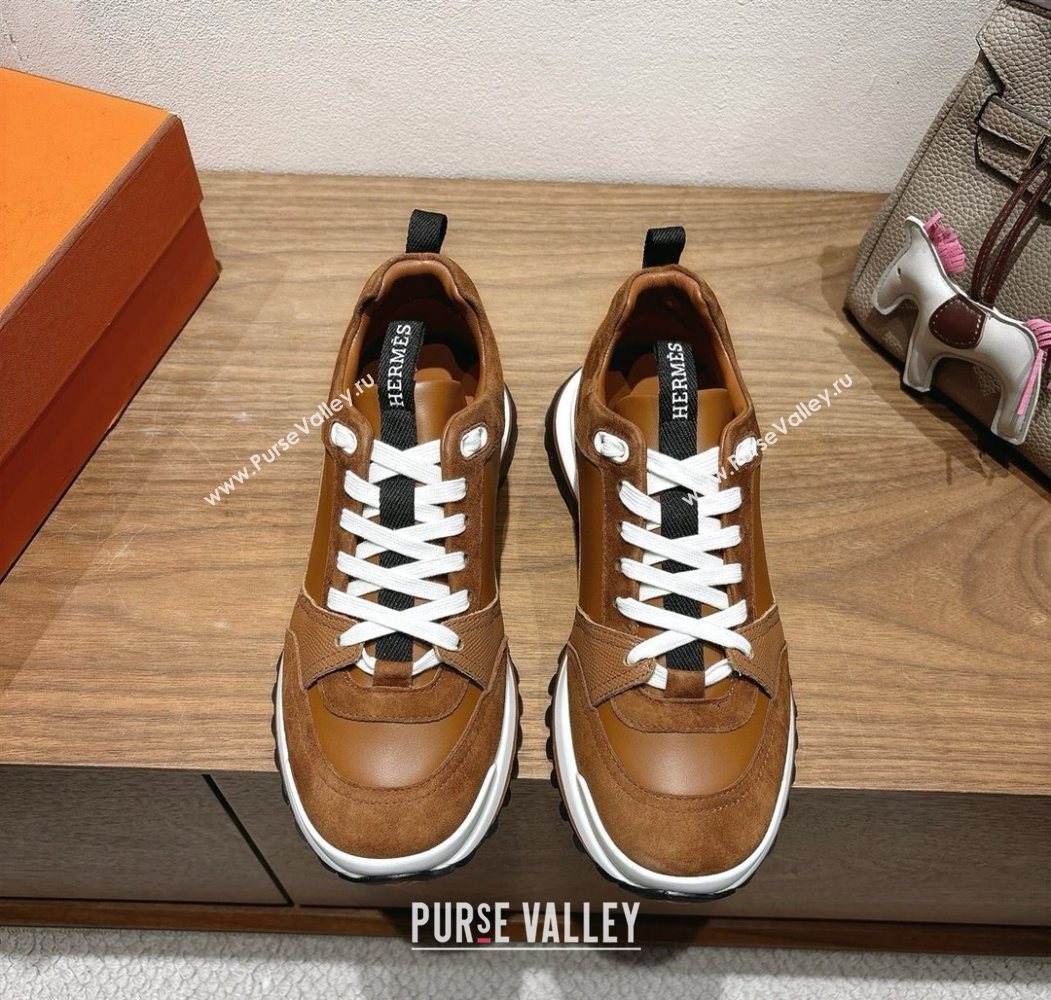 Hermes Leader Sneakers in Suede and Calfskin Leather Tan Brown 2025 1023 (XC-251023037)