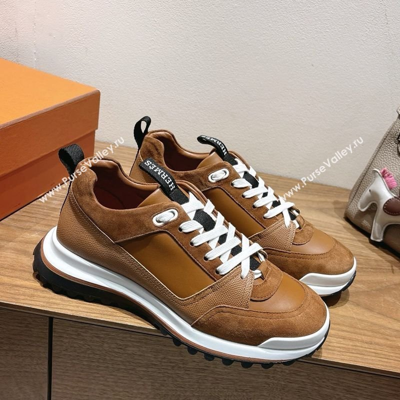 Hermes Leader Sneakers in Suede and Calfskin Leather Tan Brown 2025 1023 (XC-251023037)