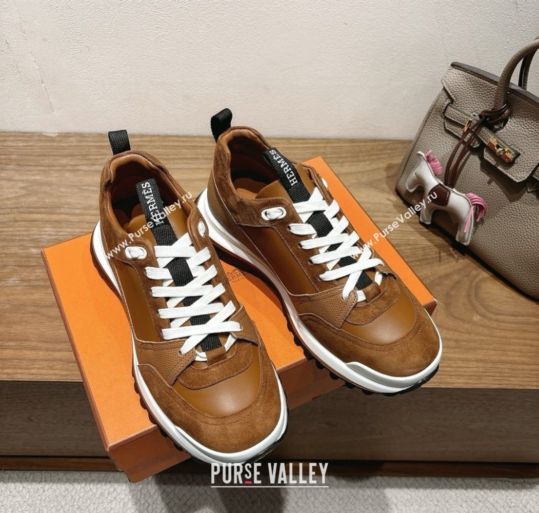 Hermes Leader Sneakers in Suede and Calfskin Leather Tan Brown 2025 1023 (XC-251023037)