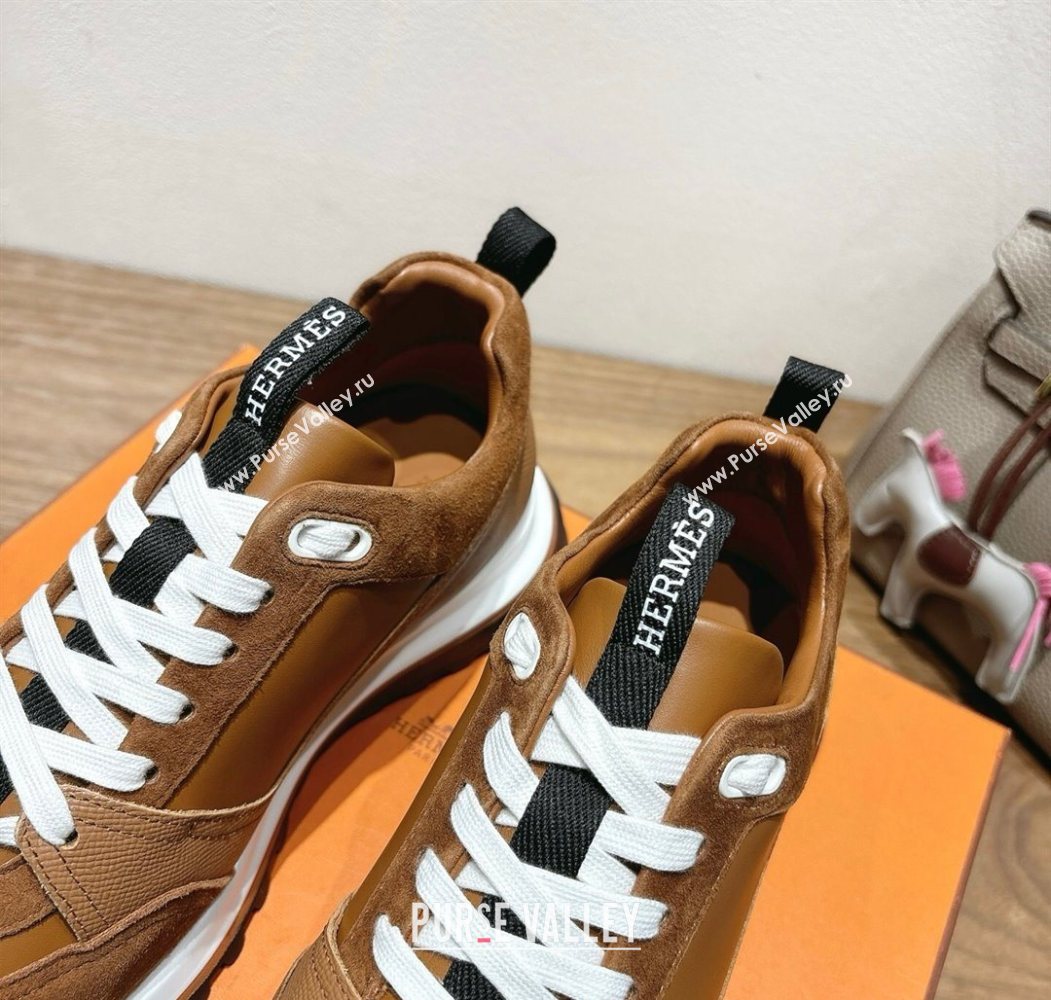 Hermes Leader Sneakers in Suede and Calfskin Leather Tan Brown 2025 1023 (XC-251023037)