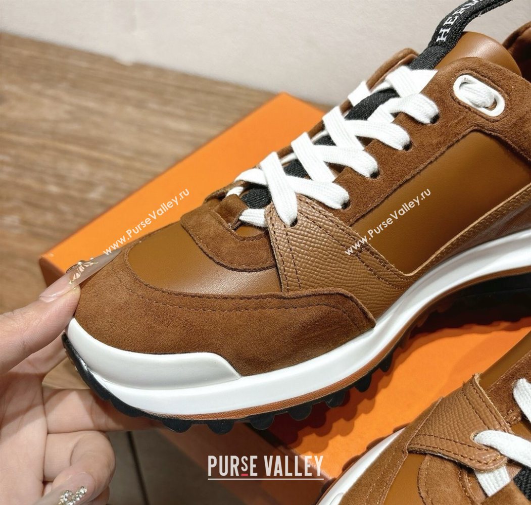 Hermes Leader Sneakers in Suede and Calfskin Leather Tan Brown 2025 1023 (XC-251023037)