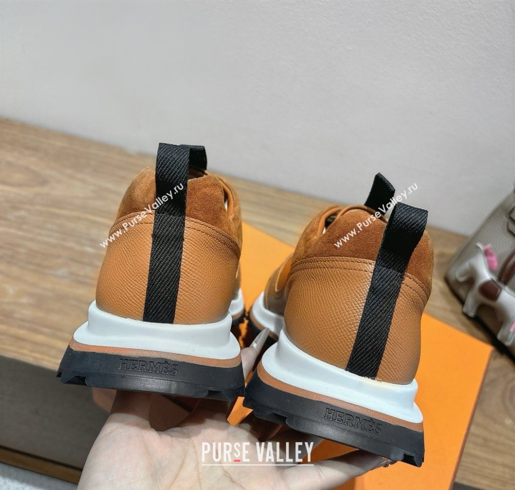 Hermes Leader Sneakers in Suede and Calfskin Leather Tan Brown 2025 1023 (XC-251023037)