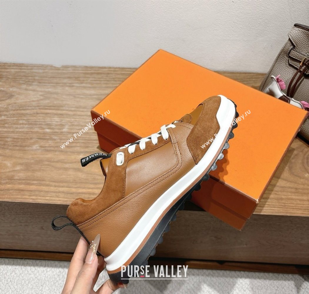 Hermes Leader Sneakers in Suede and Calfskin Leather Tan Brown 2025 1023 (XC-251023037)