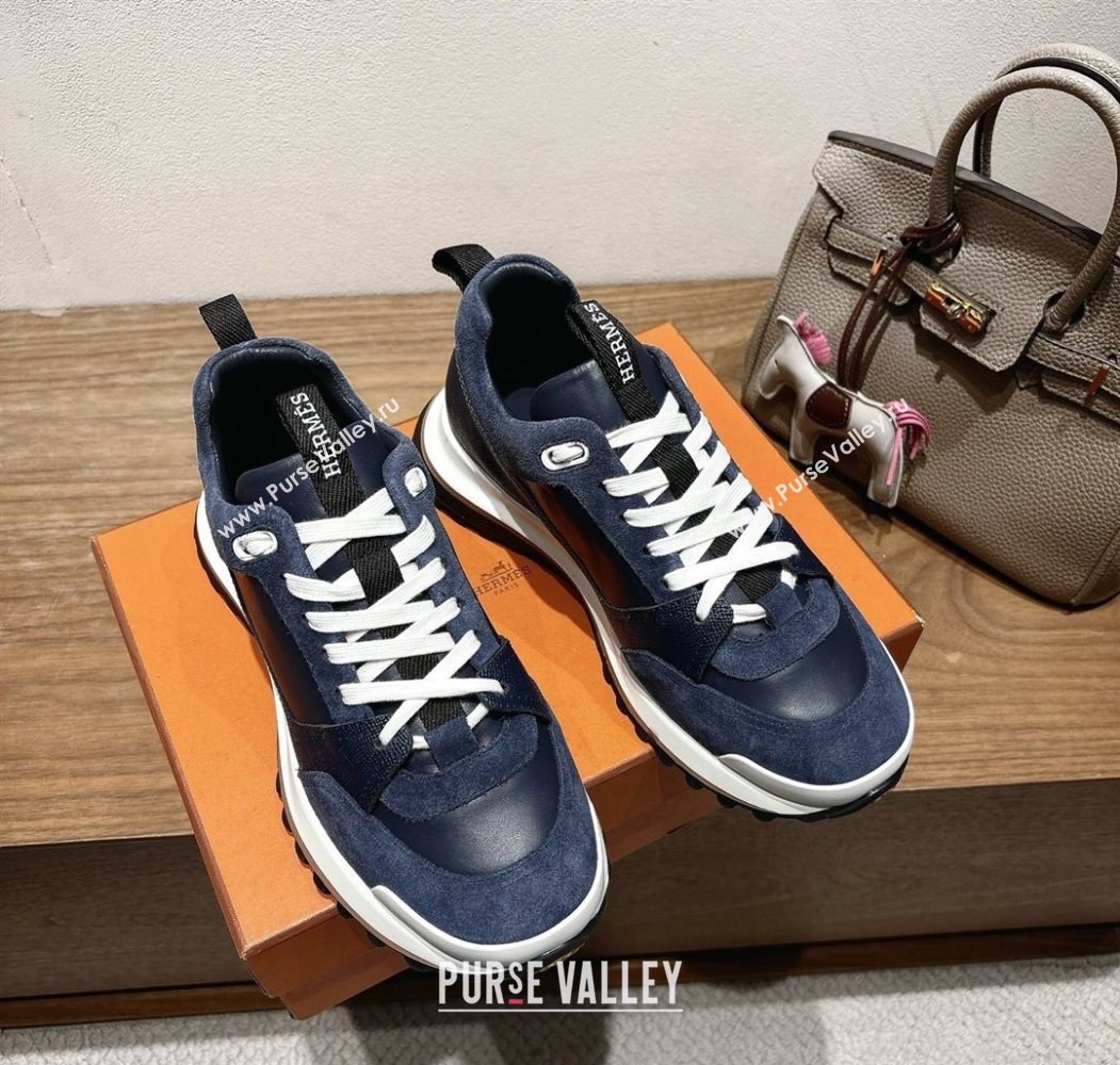 Hermes Leader Sneakers in Suede and Calfskin Leather Dark Blue 2025 1023 (XC-251023038)