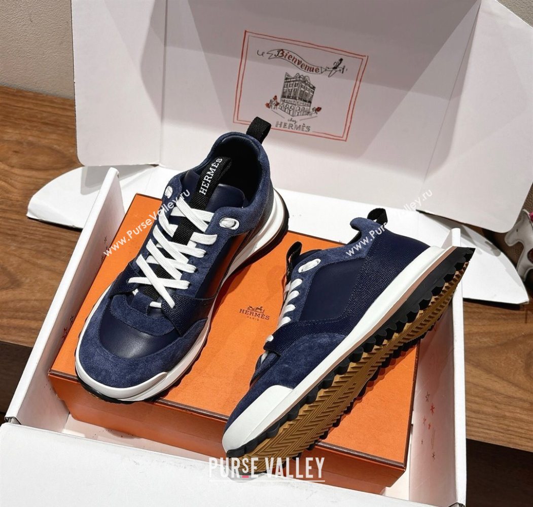 Hermes Leader Sneakers in Suede and Calfskin Leather Dark Blue 2025 1023 (XC-251023038)