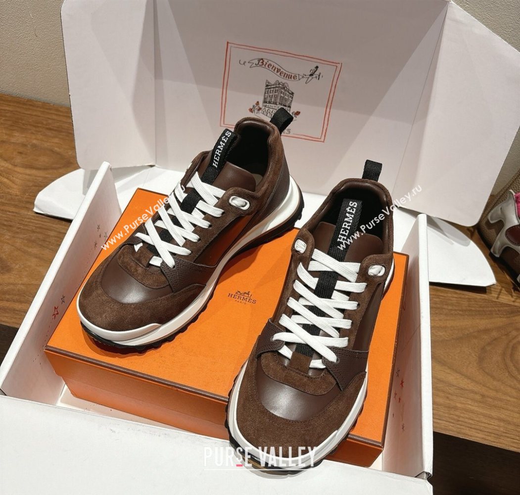 Hermes Leader Sneakers in Suede and Calfskin Leather Dark Brown 2025 1023 (XC-251023041)