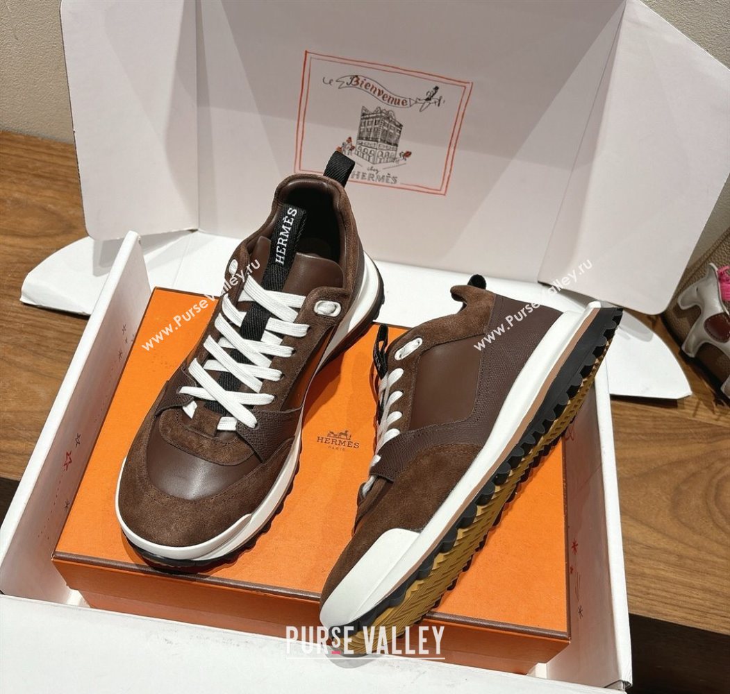 Hermes Leader Sneakers in Suede and Calfskin Leather Dark Brown 2025 1023 (XC-251023041)