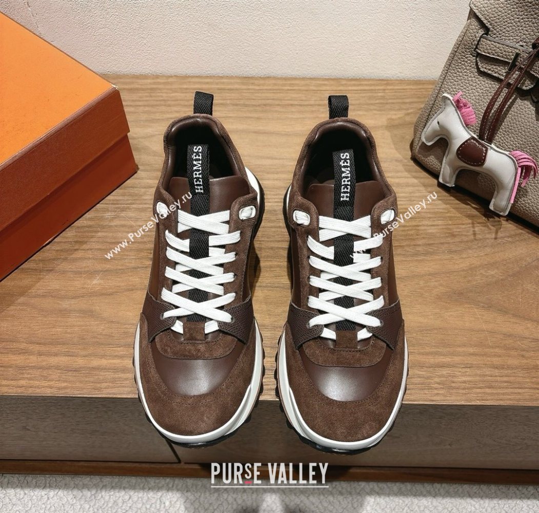 Hermes Leader Sneakers in Suede and Calfskin Leather Dark Brown 2025 1023 (XC-251023041)