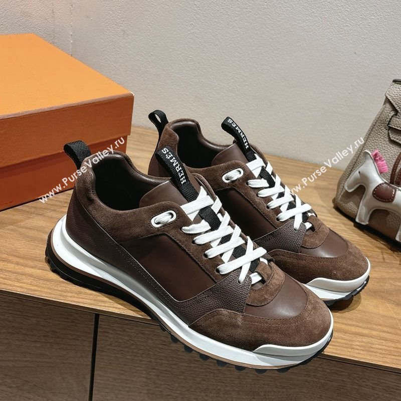 Hermes Leader Sneakers in Suede and Calfskin Leather Dark Brown 2025 1023 (XC-251023041)