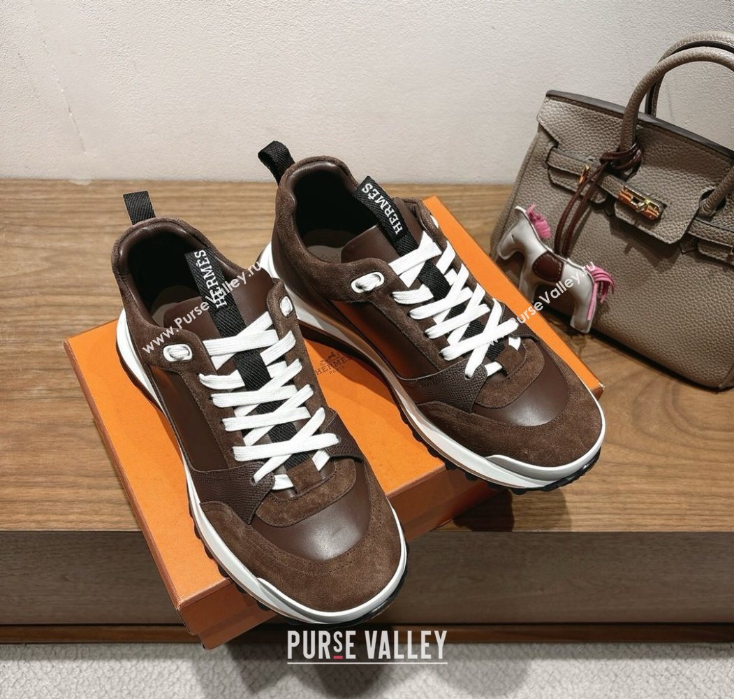 Hermes Leader Sneakers in Suede and Calfskin Leather Dark Brown 2025 1023 (XC-251023041)
