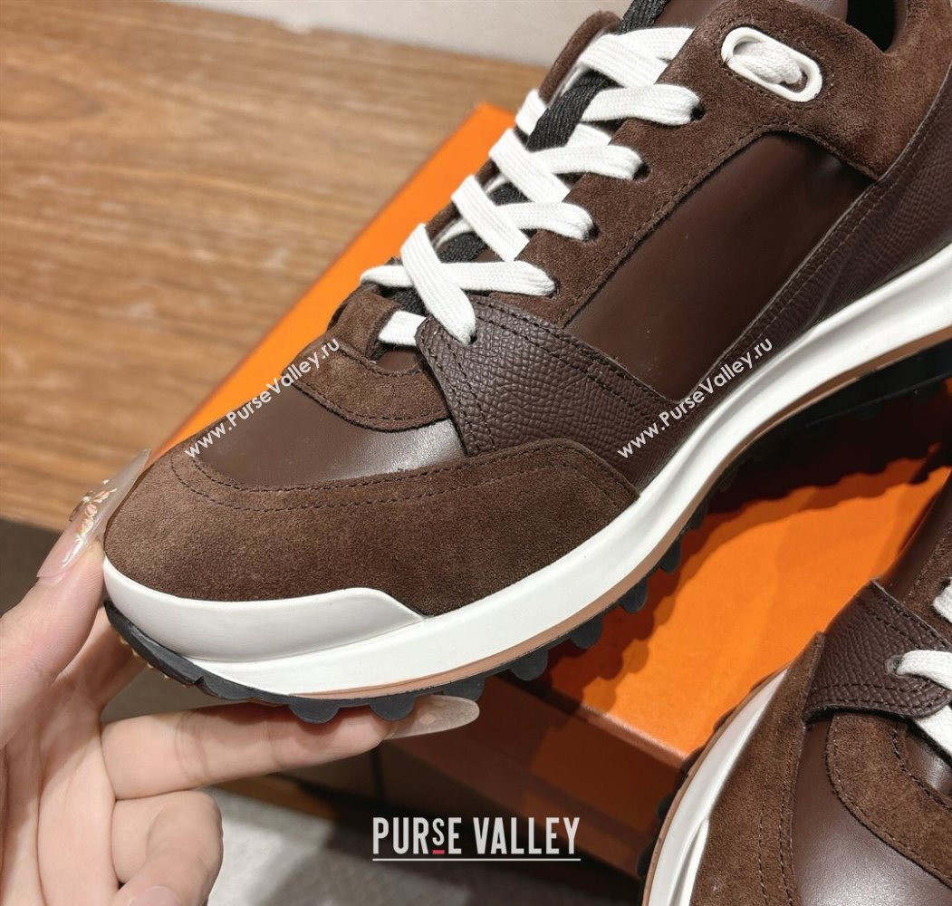 Hermes Leader Sneakers in Suede and Calfskin Leather Dark Brown 2025 1023 (XC-251023041)