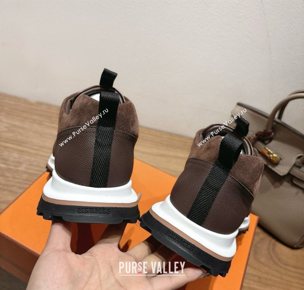Hermes Leader Sneakers in Suede and Calfskin Leather Dark Brown 2025 1023 (XC-251023041)
