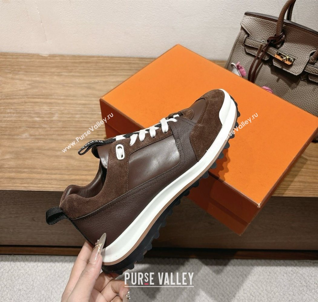Hermes Leader Sneakers in Suede and Calfskin Leather Dark Brown 2025 1023 (XC-251023041)