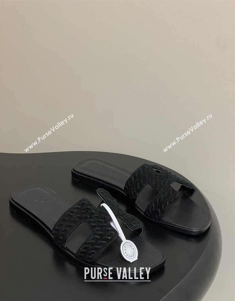 Hermes Classic Oran Flat Slides Sandal in Braided Suede Black 2025 1023 (MD-251023097)