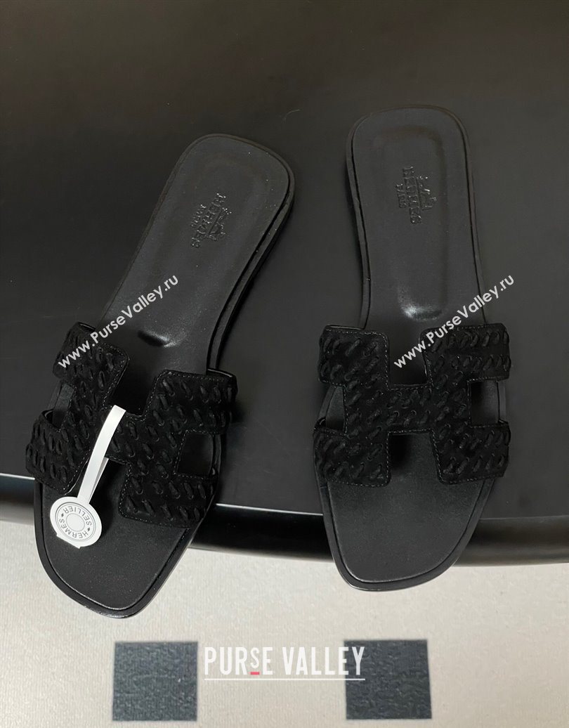 Hermes Classic Oran Flat Slides Sandal in Braided Suede Black 2025 1023 (MD-251023097)