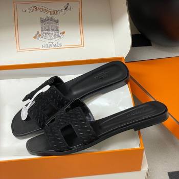Hermes Classic Oran Flat Slides Sandal in Braided Suede Black 2025 1023 (MD-251023097)